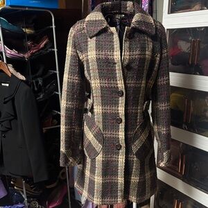 American Rag plaid Pea Coat in Brown, Cream & Plum